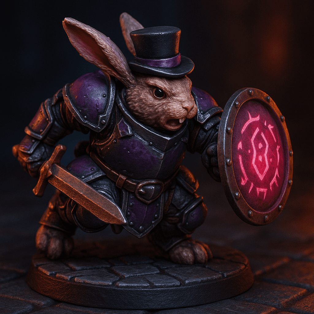 Miniature render generated for: A highly detailed tabletop miniature of a Bunny rabbit Tank, wearing Full armor with top hat, armed with shield, posed charging forward.
Crafted in 32mm heroic scale hand-painted resin miniature, capturing dramatic storytelling energy.
Style: professional miniature photography, dramatic three-point lighting, shallow depth of field, crisp focus on the model; edge highlights, glaze transitions, OSL glow on runes, subtle weathering.
Camera: profile view.
Background: dungeon tiles base with atmospheric scenic effects.
Palette: colors C9028C, 000000 as accent tones.
Guidance: no logos, no text overlays, no famous named characters; emphasise miniature craftsmanship.
Consistency token: seed 8405477.