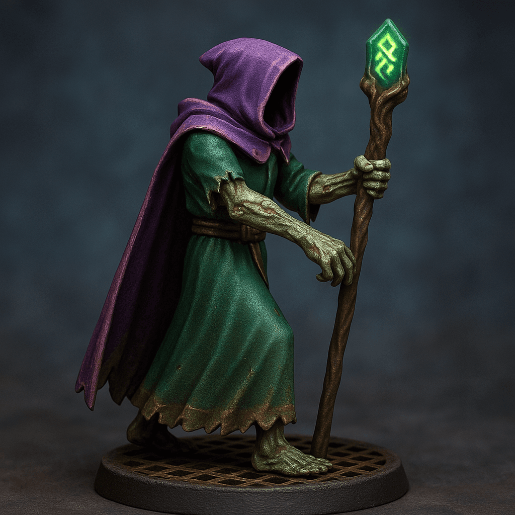 Miniature render generated for: A highly detailed tabletop miniature of a human-zombie warlock, wearing green robe and purple cloak with hood no face, armed with staff, posed heroic stance. Crafted in 32mm heroic scale hand-painted resin miniature, capturing dramatic storytelling energy. Style: professional miniature photography, dramatic three-point , shallow depth of field, crisp focus on the model; edge highlights, glaze transitions, OSL glow on runes, subtle weathering. Background: iron grate base with atmospheric scenic effects. Palette: colors 8E05A2, 06821B, E5B669 as accent tones. Guidance: no logos, no text overlays, no famous named characters; emphasise miniature craftsmanship. Consistency token: seed 4911145. orthographic right side profile, camera at -90° azimuth, full body centered, neutral lens, no perspective distortion, no crop.