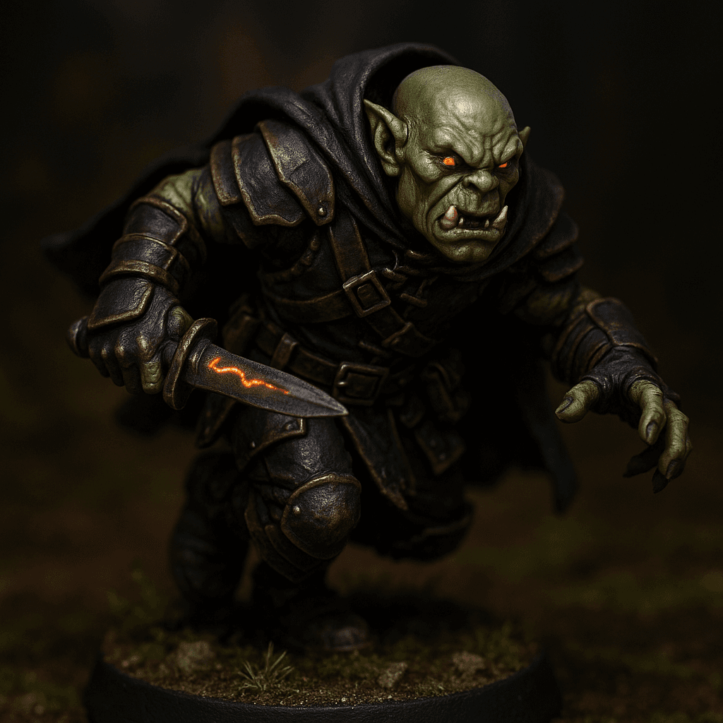 Miniature render generated for: A highly detailed tabletop miniature of a Orc Rogue, wearing dark leather armor with black cloak, armed with dagger, posed charging forward.
Crafted in 32mm heroic scale hand-painted resin miniature, capturing dramatic storytelling energy.
Style: professional miniature photography, dramatic three-point lighting, shallow depth of field, crisp focus on the model; edge highlights, glaze transitions, OSL glow on runes, subtle weathering.
Camera: hero three-quarter perspective.
Background: mossy forest floor base with atmospheric scenic effects.
Palette: colors 036203, 461F03, 000000 as accent tones.
Guidance: no logos, no text overlays, no famous named characters; emphasise miniature craftsmanship.
Consistency token: seed 2069422.
